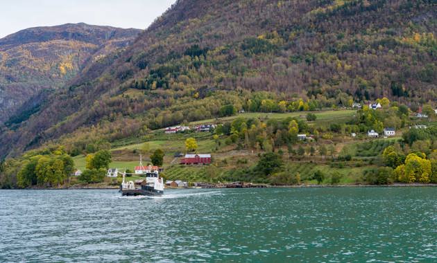 Tomta ligg som ein trekant i lia til høgre for det raude bygget. Urnes stavkyrkje skimtast øvst og til høgre i bildet. Foto: Veri Media