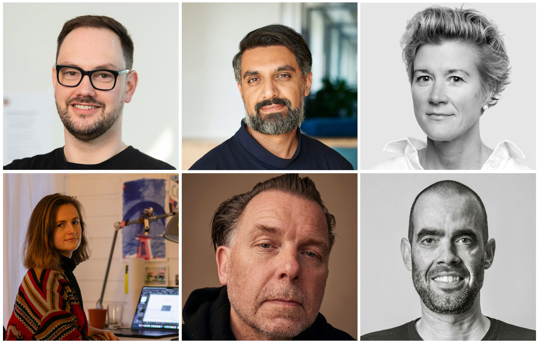 Fra øverst til venstre: Øystein Rø, Amir Hassanbeygi, Kaia Hellstrøm Krüger, Armelle Breuil (fra nederst til venstre), Julian Lynghjem og Nuno Almeid